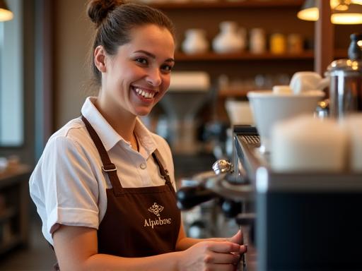Ein freundlicher Barista des Alpenbrise Cafés lächelt und bereitet Kaffee zu.