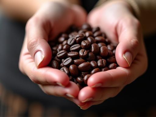 Eine Hand hält eine kleine Menge frisch gerösteter, dunkler Kaffeebohnen, bereit zum Mahlen.