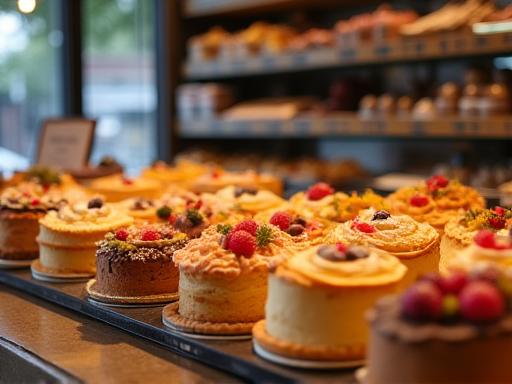 Eine reichhaltige Auswahl an hausgemachten Kuchen und Gebäckstücken auf der Theke des Cafés, verlockend präsentiert.