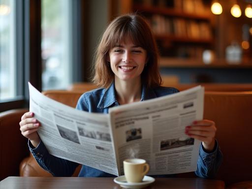 Ein zufriedener Kunde sitzt bequem im Café und liest die Zeitung bei einer Tasse Kaffee.