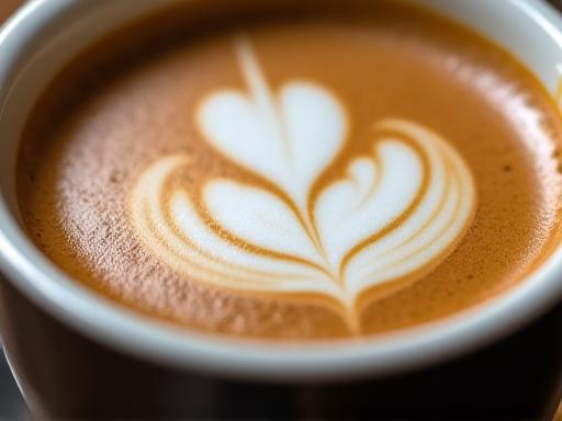 Nahaufnahme einer kunstvoll verzierten Tasse Kaffee mit detaillierter Latte Art, die ein Blatt- oder Herzmuster darstellt.