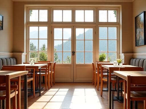 Sonnendurchfluteter Innenraum des Alpenbrise Cafés mit leeren Tischen und Stühlen neben grossen Fenstern, die den Blick nach draussen freigeben.