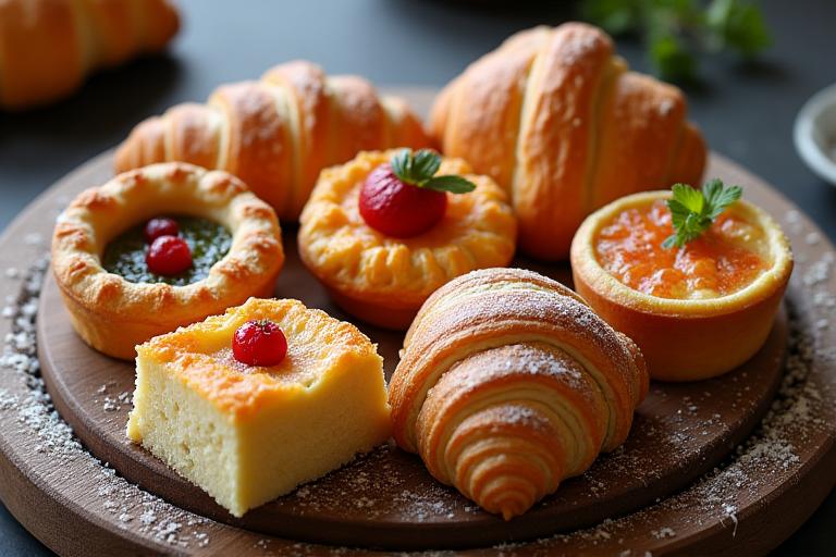 Eine verführerische Auswahl an frischem Gebäck wie luftige Croissants, saftige Kuchen und pikante Quiches auf einer rustikalen Holzplatte.
