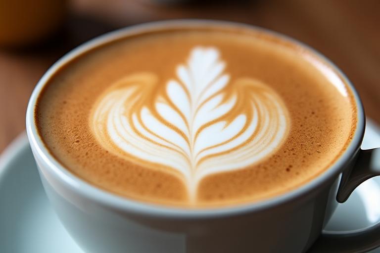 Eine kunstvoll zubereitete Tasse Cappuccino mit detailreicher Latte Art.