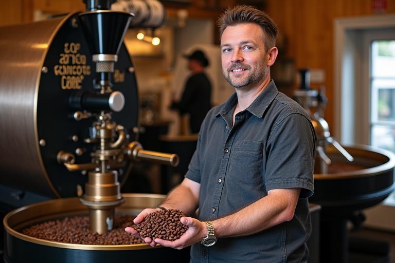 Inhaber des Cafés steht stolz neben der Kaffeeröstmaschine mit Kaffeebohnen in der Hand.